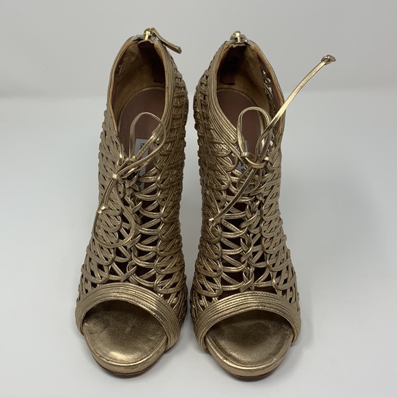 Gold Tabitha Simmons open toe zipper back heels - Picture 3 of 7